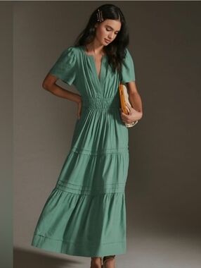 Anthropologie Somerset Maxi Dress Tiered Linen Green Women's Small V-neck Puff